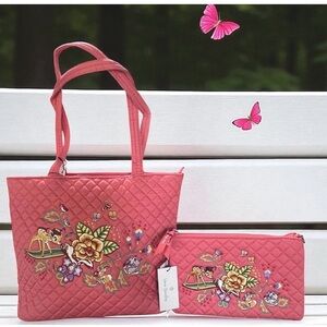 Vera Bradley Disney Bambi Small Vera Coral Tote Bag & RFID Wristlet w/Embroidery